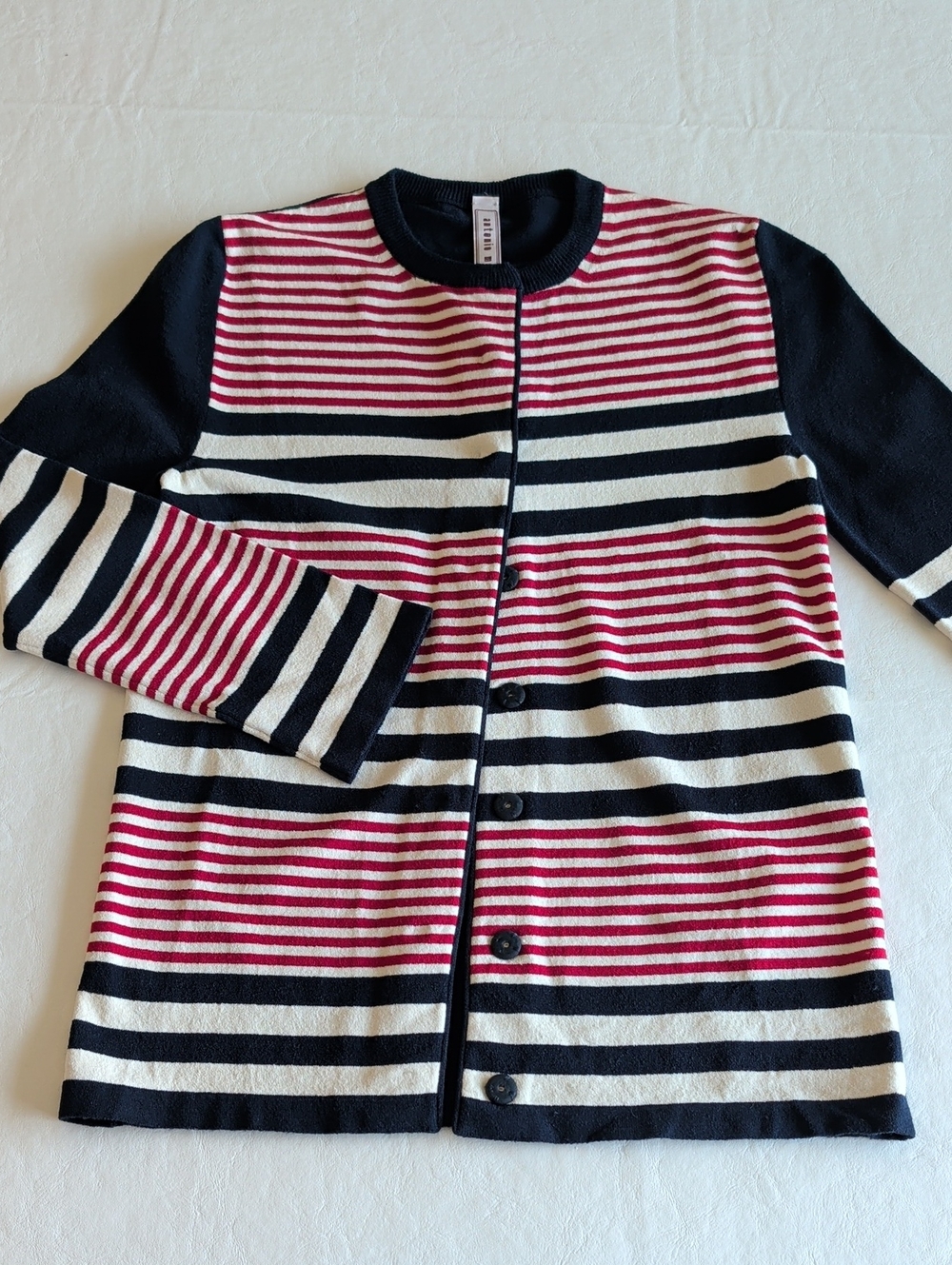 Antonio Marras Red, White and Navy Striped Cardigan Women's Size Small